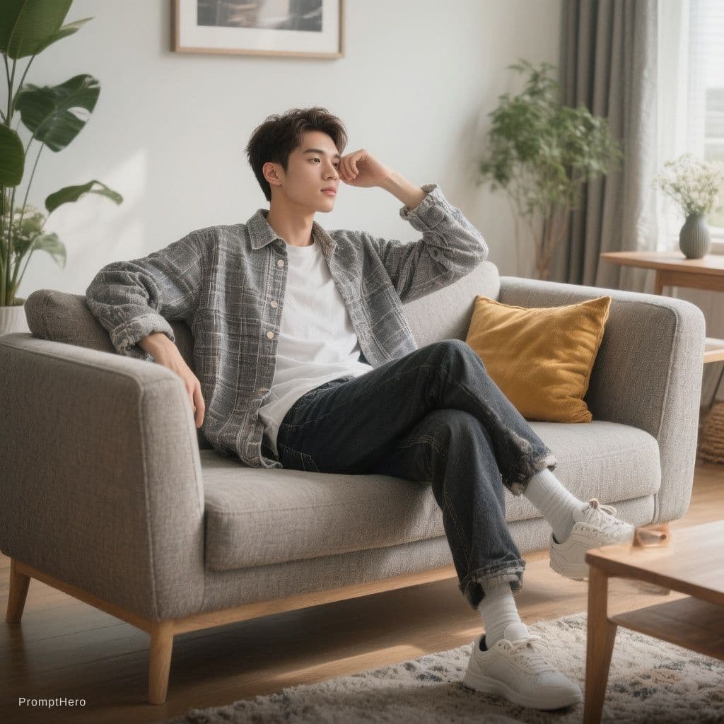 AI generated: a young man sitting on a sofa, relaxed pose, modern living room, natural lighting, cozy atmosphere, ...