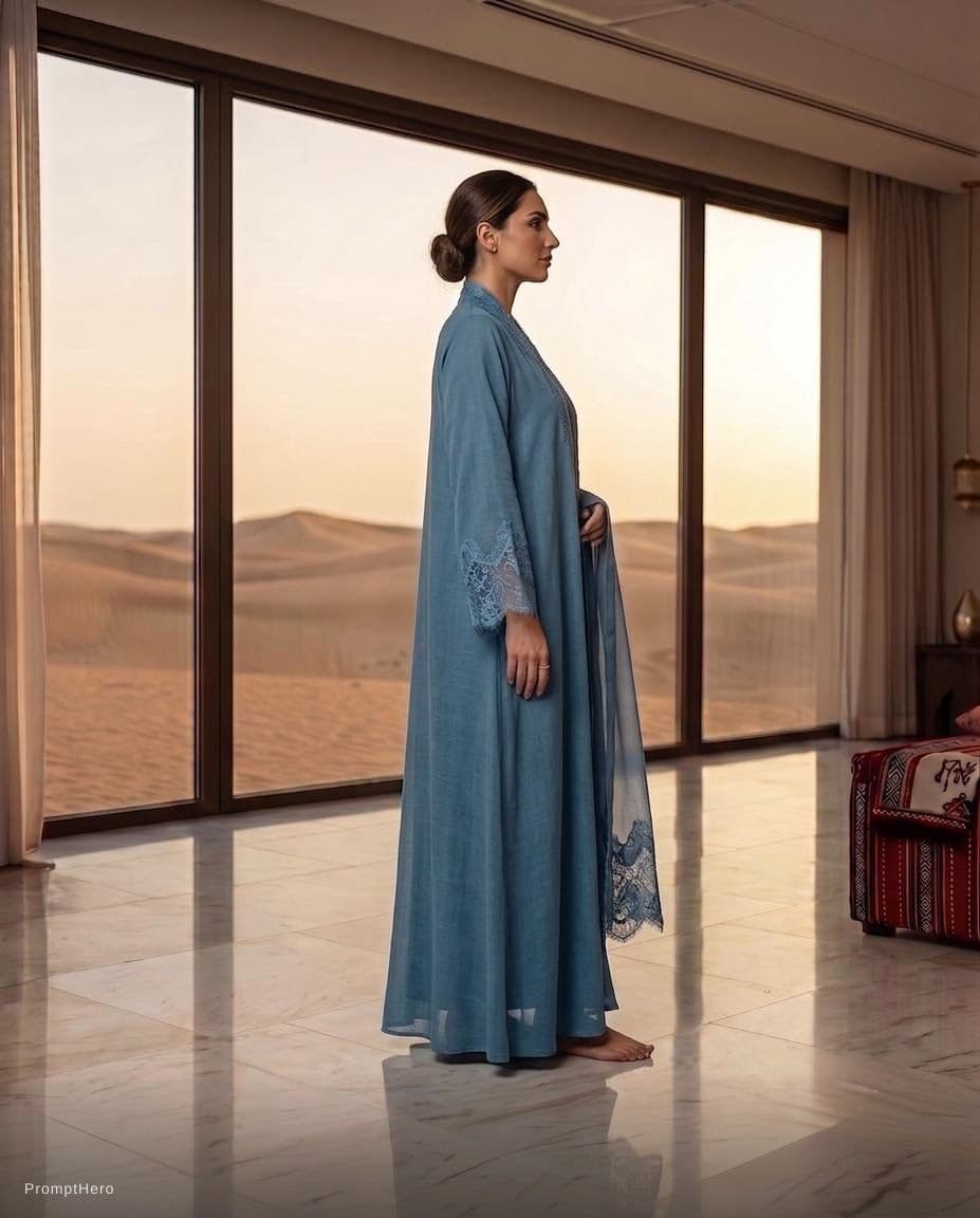 AI generated: make the model wearing the blue abaya stand the same way as the one wearing the green abaya