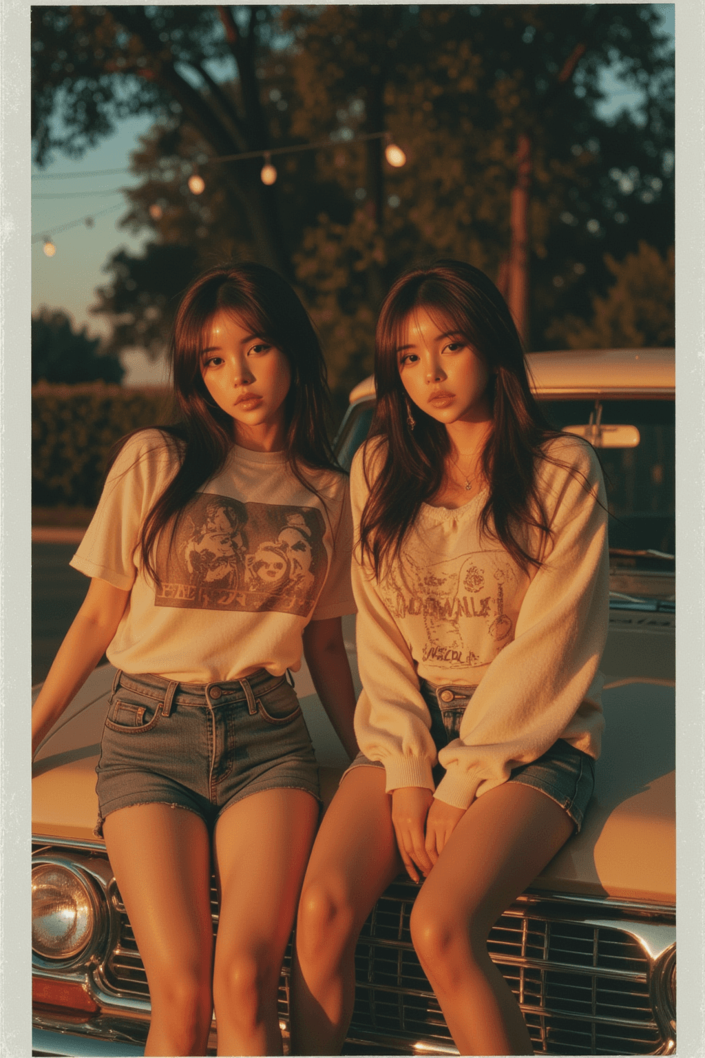 AI generated: A hyper-realistic, film-grained Polaroid photo of two cute young korean woman standing siting on a h...
