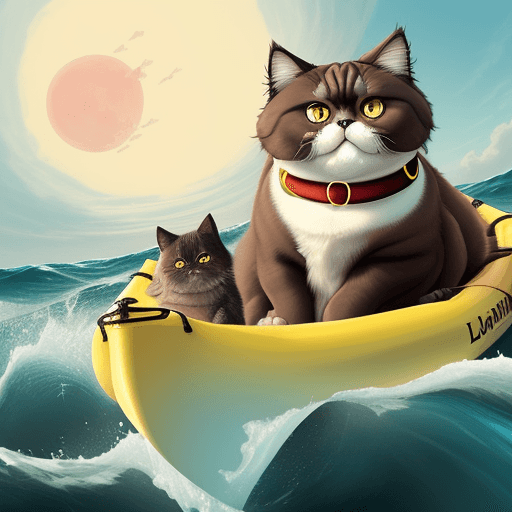 AI generated: A fat brown Persian cat wearing a collar with the name LUNA is sailing through the water of a large ...