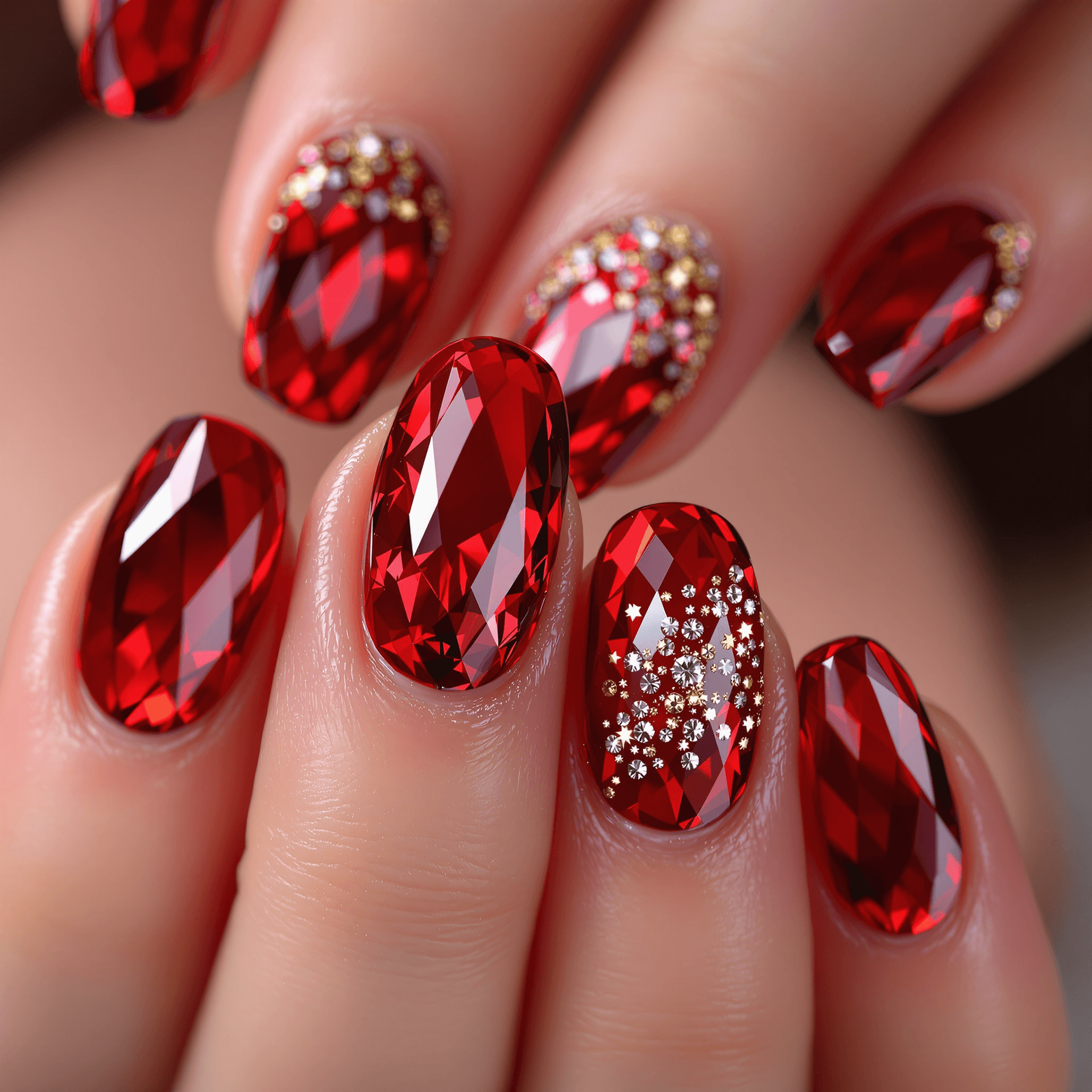 AI generated: A photorealistic luxurious nail art design inspired by radiant ruby gemstones. The nails should have...