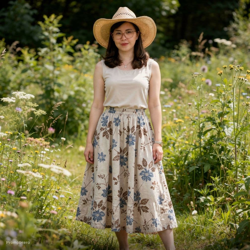 AI generated: A photorealistic full-body portrait of an adult woman standing in a lush, overgrown meadow, captured...