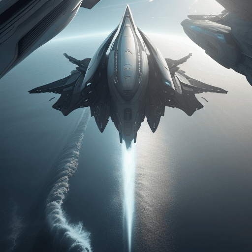 AI generated: 3440x1440, Hyper realistic eye level exterior photo of a year 2450 futuristic spaceship flying over ...