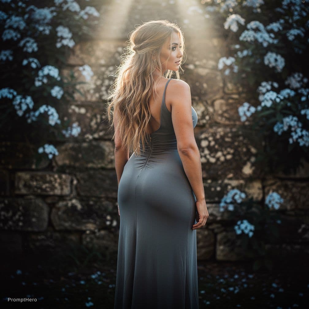 AI generated: standing facing an old stone wall blue flowers, (full length: 1.5) photo of a 30 years old (naked: 1...