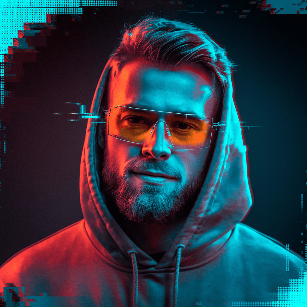 AI generated: "A futuristic cyberpunk-style portrait of a bearded man wearing reflective orange-tinted sunglasses....