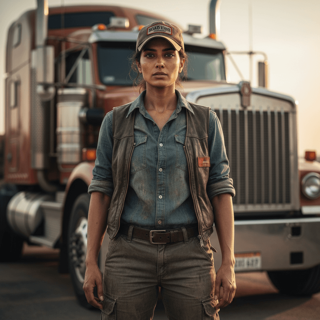 AI generated: full body photo portrait of a gorgeous indian female dressed as truck driver, truck in background, a...