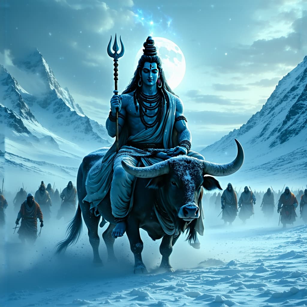 AI generated: 
Lord Shiva, in his majestic attire, is seated atop Nandi, his divine bull, in the middle of a vast ...
