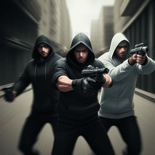 AI generated: Hyper realistic three men with hood in blur background, grip a pistol, aiming ahead, fear, dark