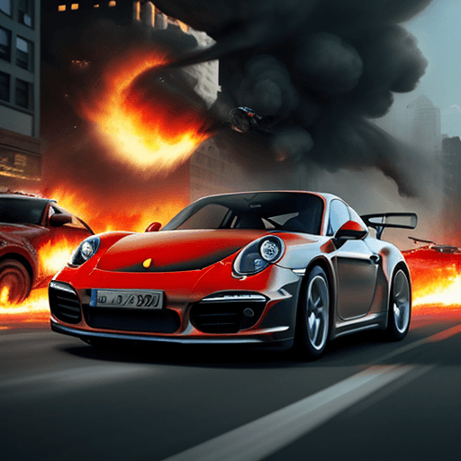 AI generated: (Action film photograph) a Porsche is (flying high through the air), being driven by an action star....