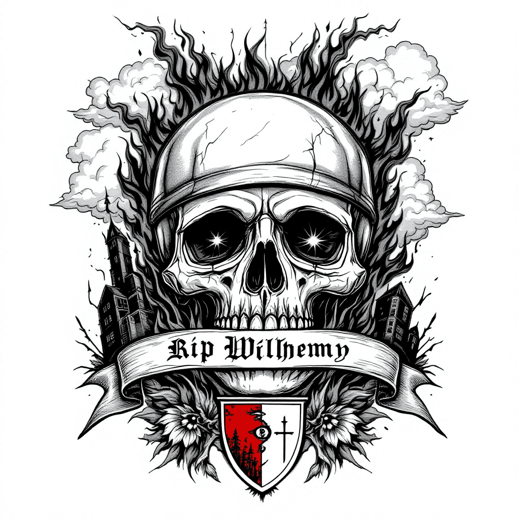 AI generated: black and grey tattoo design in the style of Eminem’s Slim Shady upper arm tattoo, bold composition,...