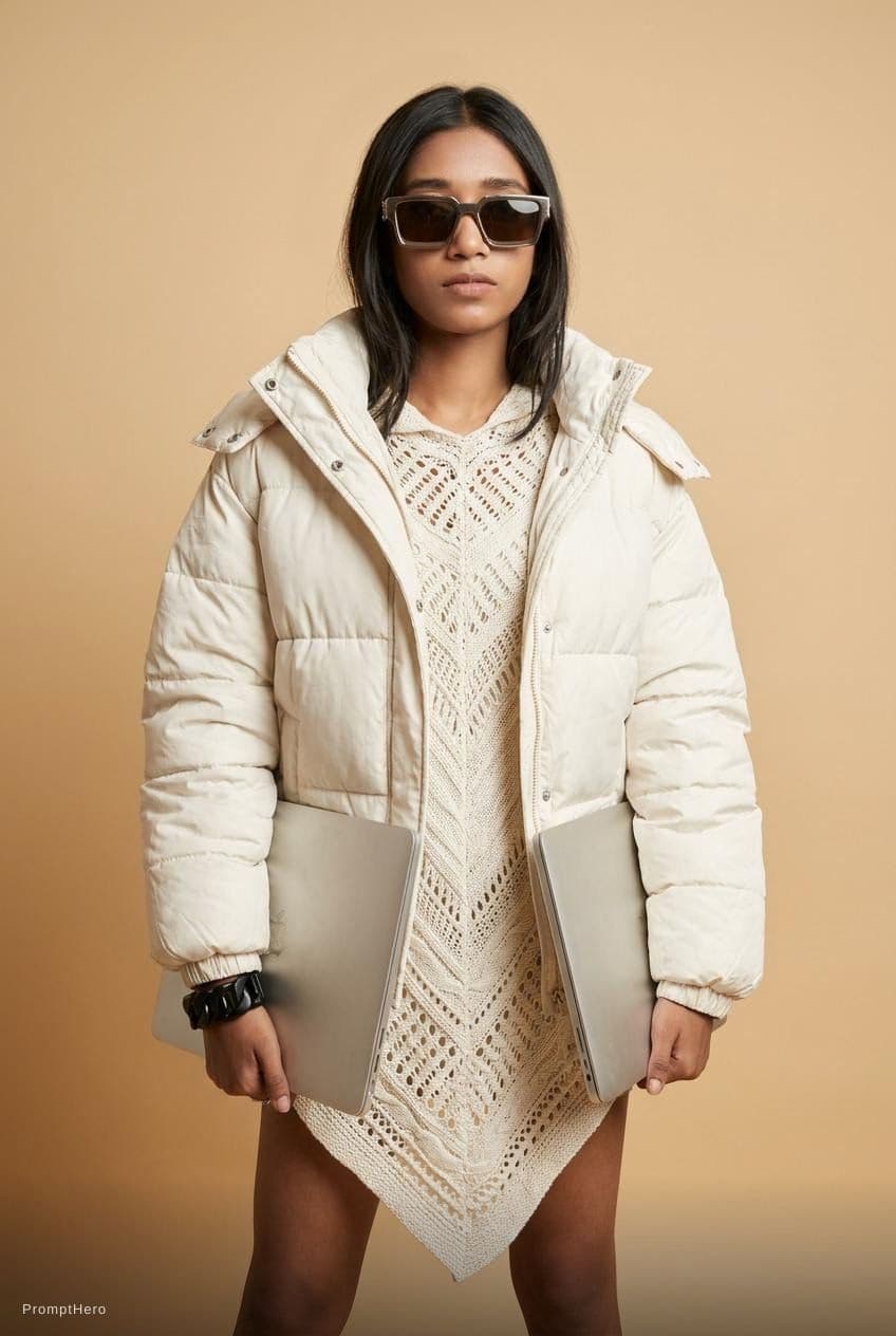 AI generated: The woman in the photo is standing against a beige background, a Tumblr personality. Her outfit cons...