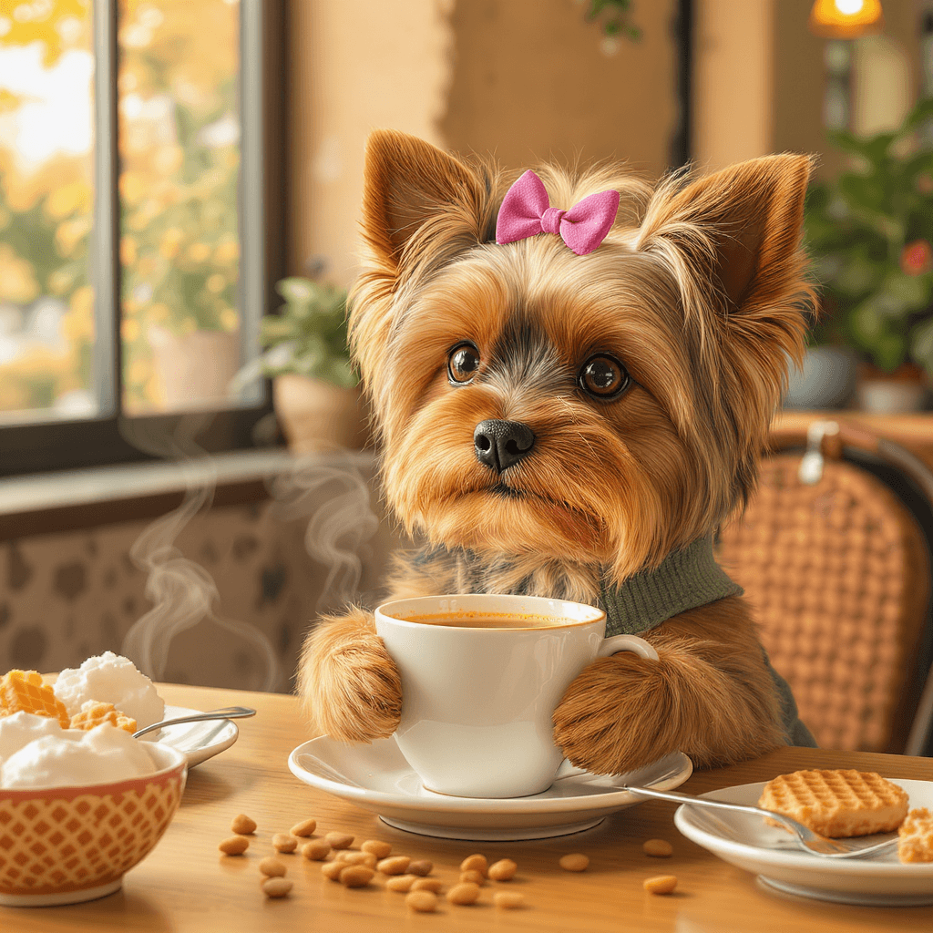 AI generated: "Un adorable perro Yorkshire Terrier de pelo largo y sedoso, con colores dorados y café oscuro, sent...