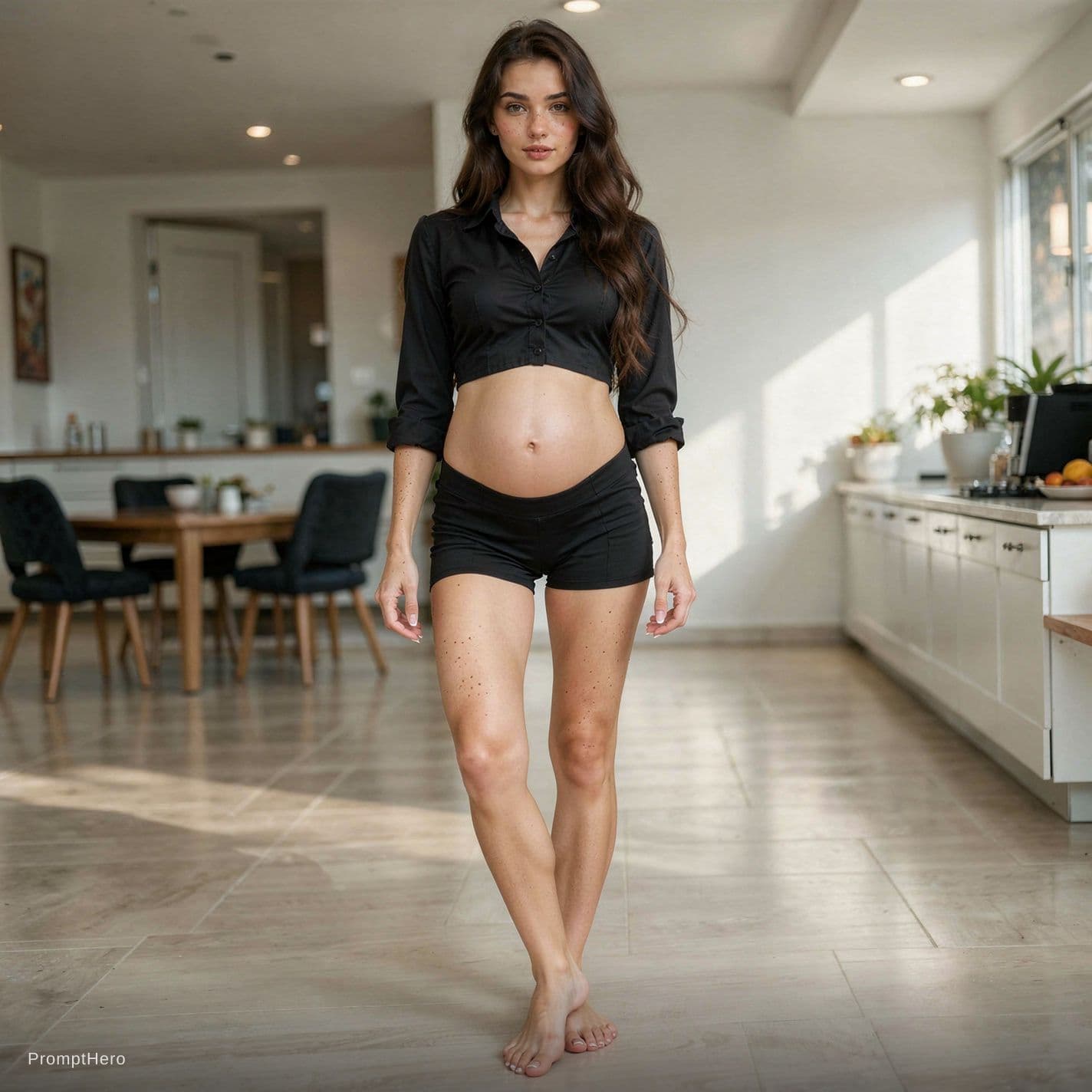 AI generated: full-body image with a clear view from head to shoes of a gorgeous Indoor portrait of a 20 years old...