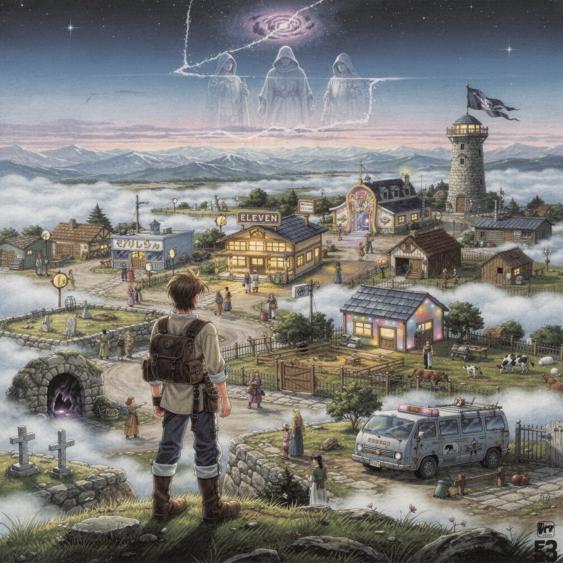 AI generated: Japanese 1990s RPG box art illustration,  sci-fi hand-painted airbrush art, romantic composition ins...