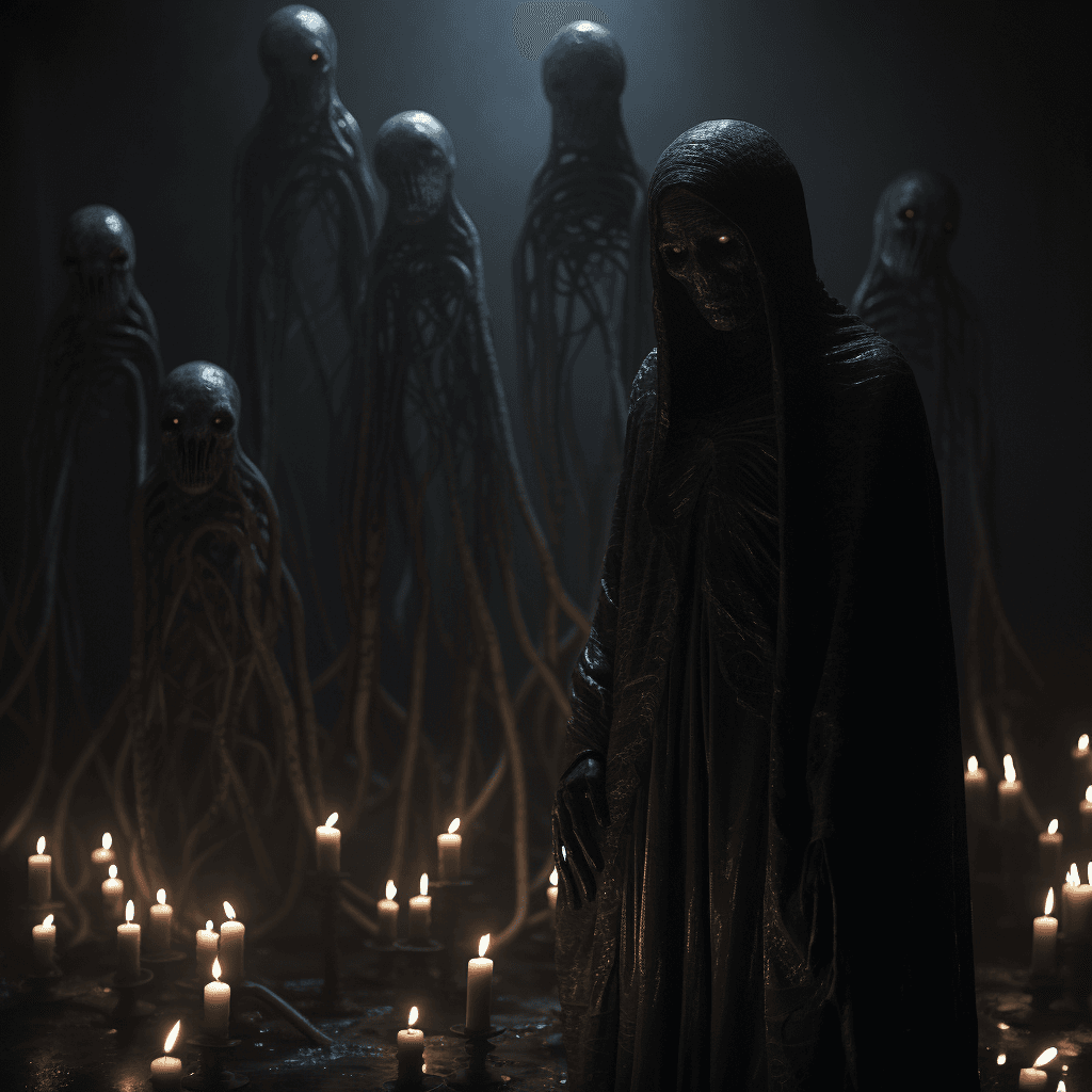 AI generated: Dark alien rituals, haunting, creepy, horror, dark, intricate design and details, dramatic lighting,...