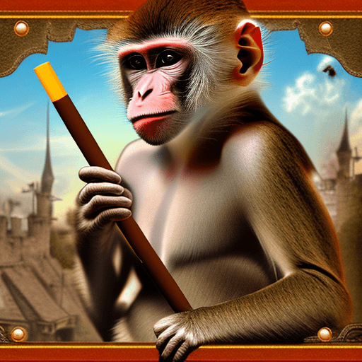 AI generated: hyperrealistic monkey smoking cigarettes during war in the middle age, he is sittin, in the backgrou...