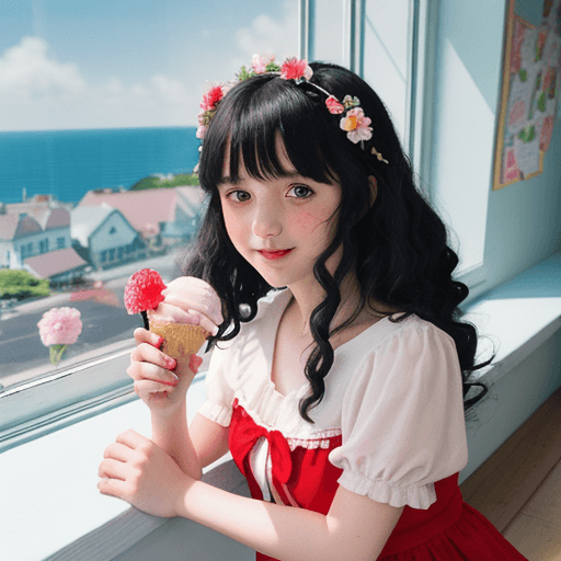AI generated: A little red riding hood of primary school age with ice cream in her hands, flowing curly bangs, ani...