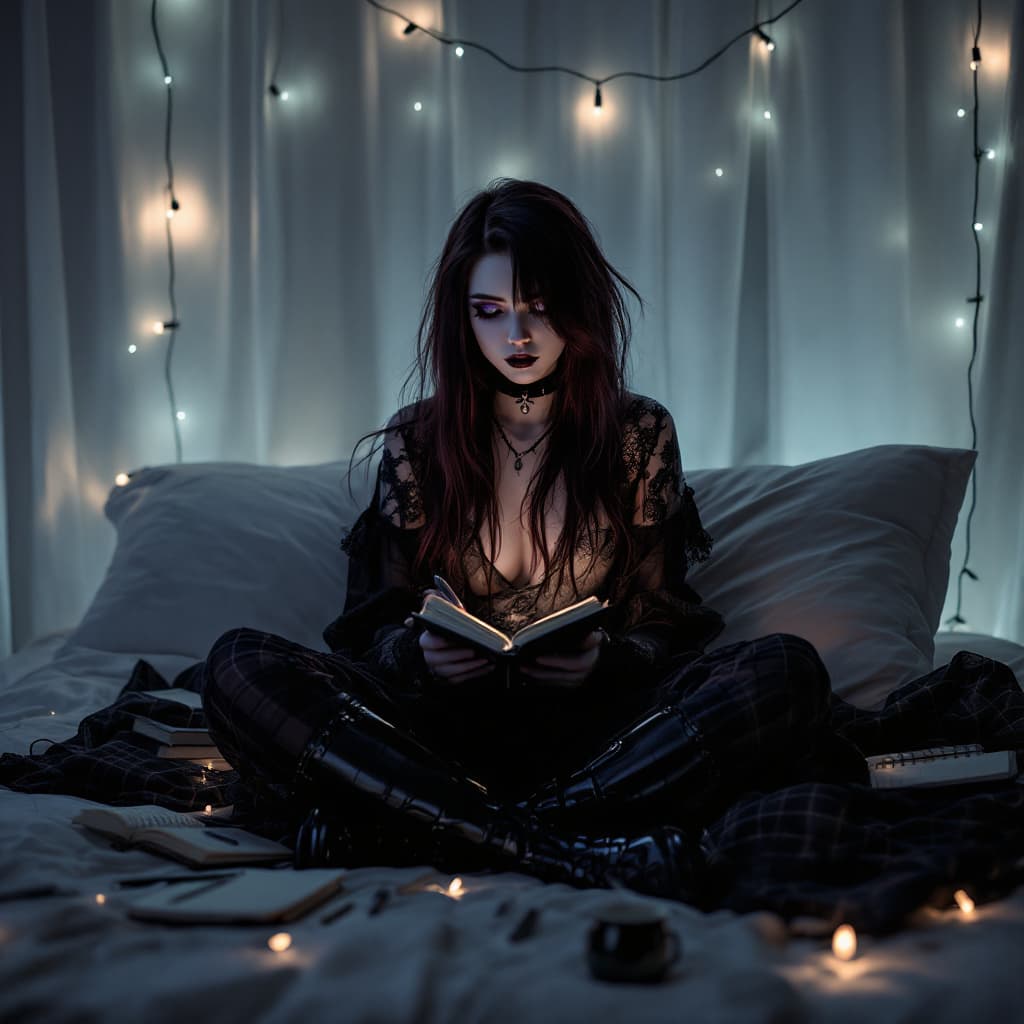 AI generated: Here are three descriptions of cute goth girls lounging on a bed, each with her own unique style and...
