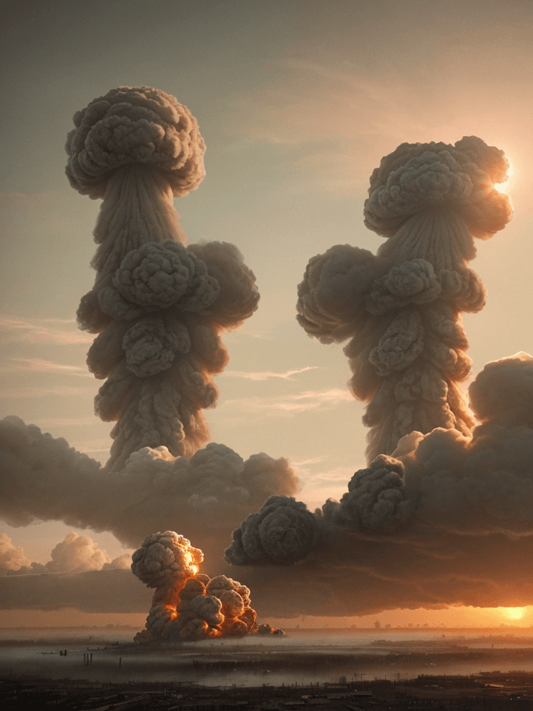 AI generated: Photo of a ultra realistic nuclear war , dramatic light, pale sunrise, cinematic lighting, battered,...