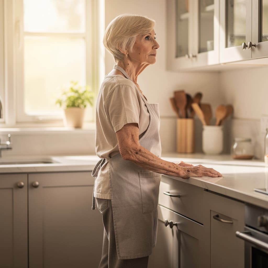AI generated:  90 years old mature woman, blonde pixie hair, wearing only apron  in the kitchen, side view, full b...