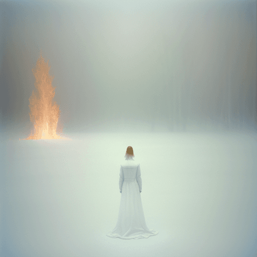 AI generated: a single women standing in a white fire, brushed white paint, edward hooper, fading off into the dis...