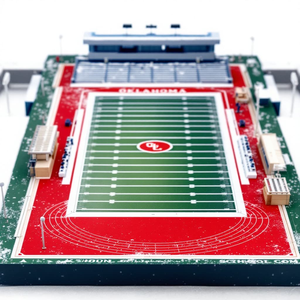 AI generated: 3D football field with snow-covered bleachers, representing Oklahoma high school sports.