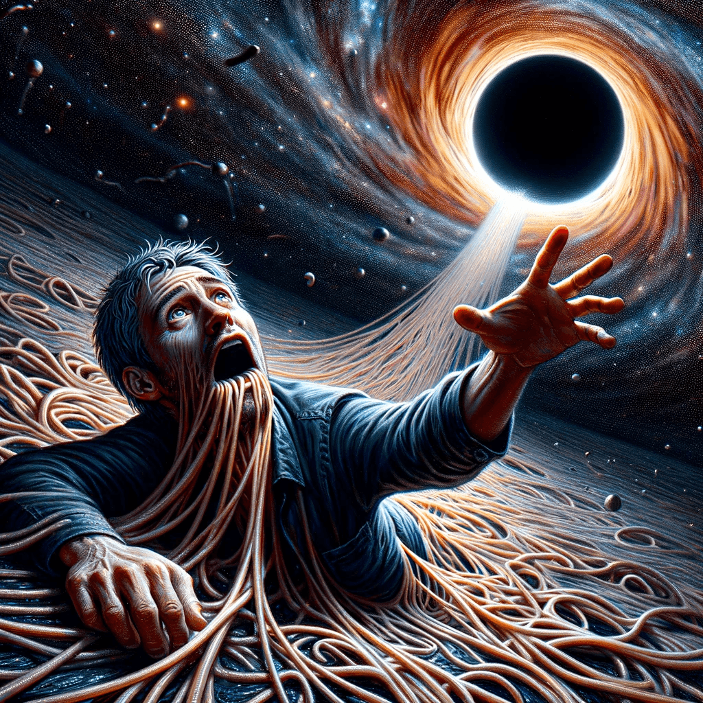 AI generated: a man entering a black hole, experiencing the effects of spaghettification near the event horizon, w...