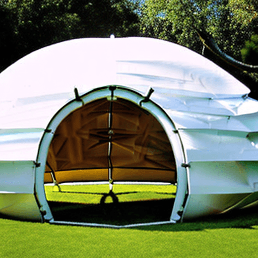 AI generated: "Behold a marvel of design—an egg-shaped tent structure that emanates a soft glow. Crafted from alum...
