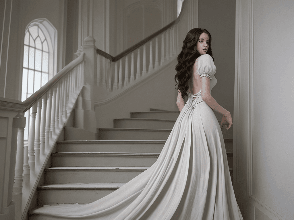 AI generated: a woman in a long, white, Victorian-style dress, standing on a staircase that leads to a dark and my...
