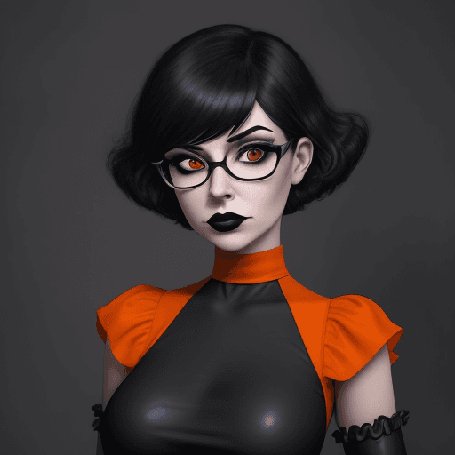 AI generated: goth girl astestic, velma from scooby-doo, a woman wearing eye glasses and an orange top, goth style...