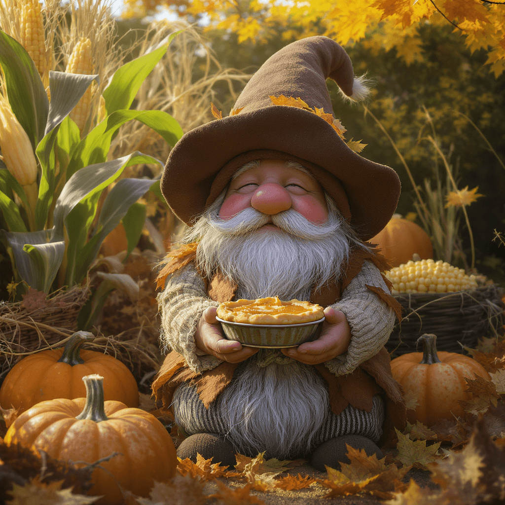 AI generated: A cozy garden gnome wearing a brown felt hat and a leafy vest, surrounded by pumpkins, corn stalks, ...