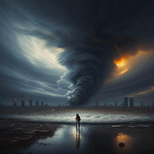 AI generated: a 1child standing, sadness, oil painting, a massive swirling tornado swept through city, ultra-wide ...
