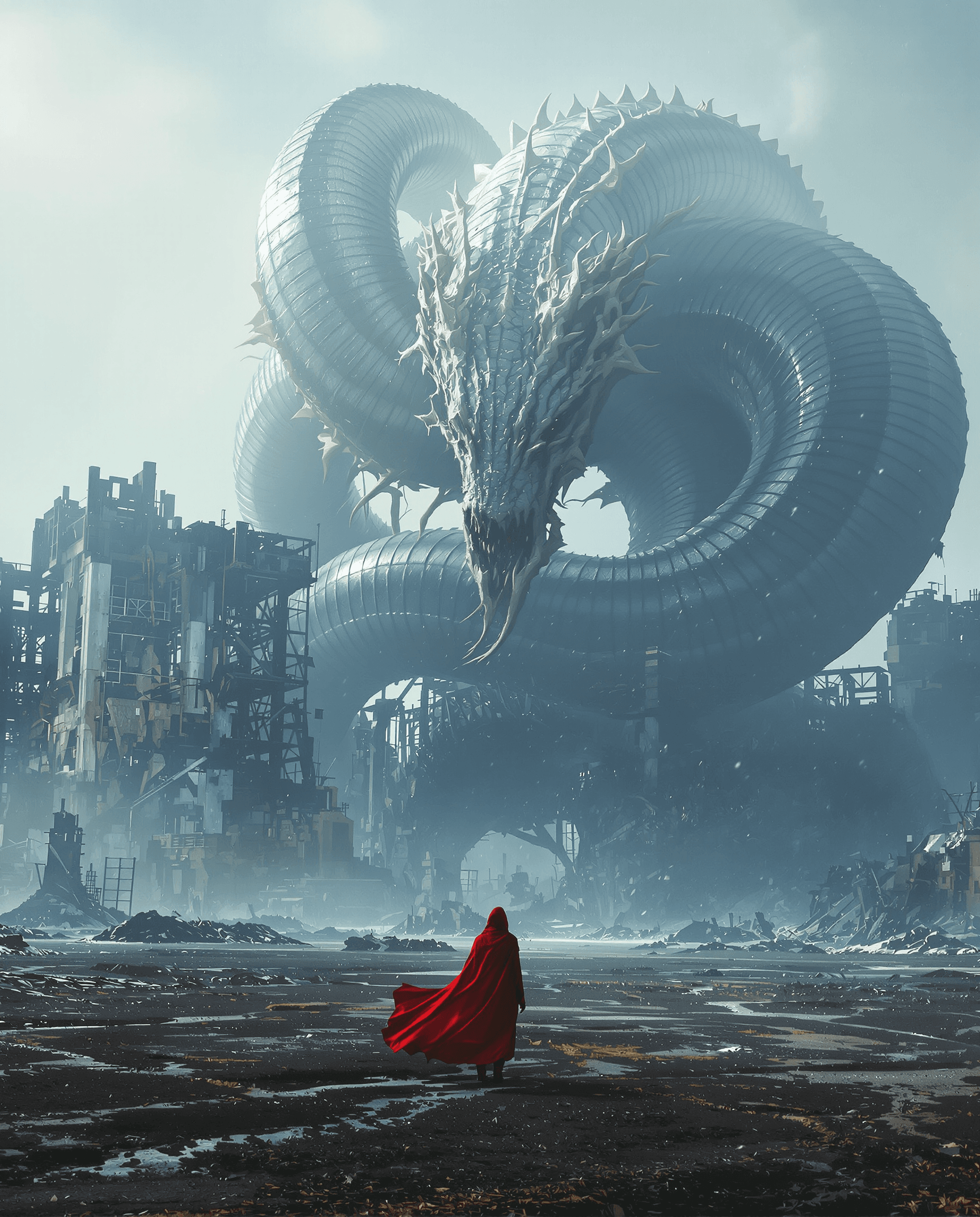 AI generated: A cinematic landscape showing a lone figure wearing a red cloak that flutters gently in the wind. Ma...