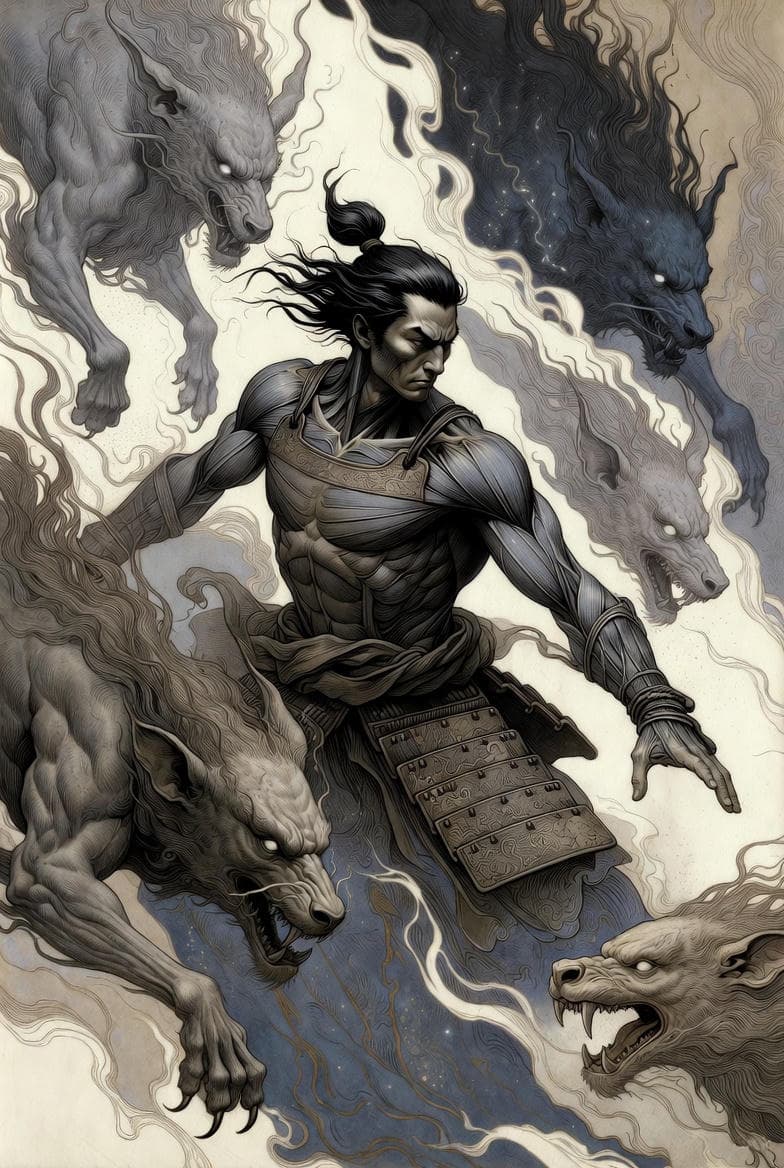 AI generated: A samurai warrior surrounded by ghostly beasts and swirling energy, drawn in Renaissance-inspired st...