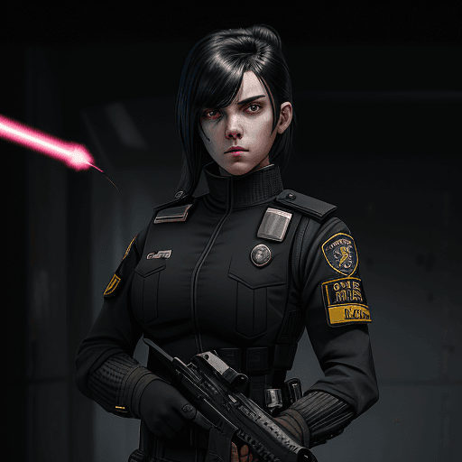AI generated: A Female Enclave Officer, of age 24, equipped with a tattered Enclave Tech Specialist Uniform, a Glo...