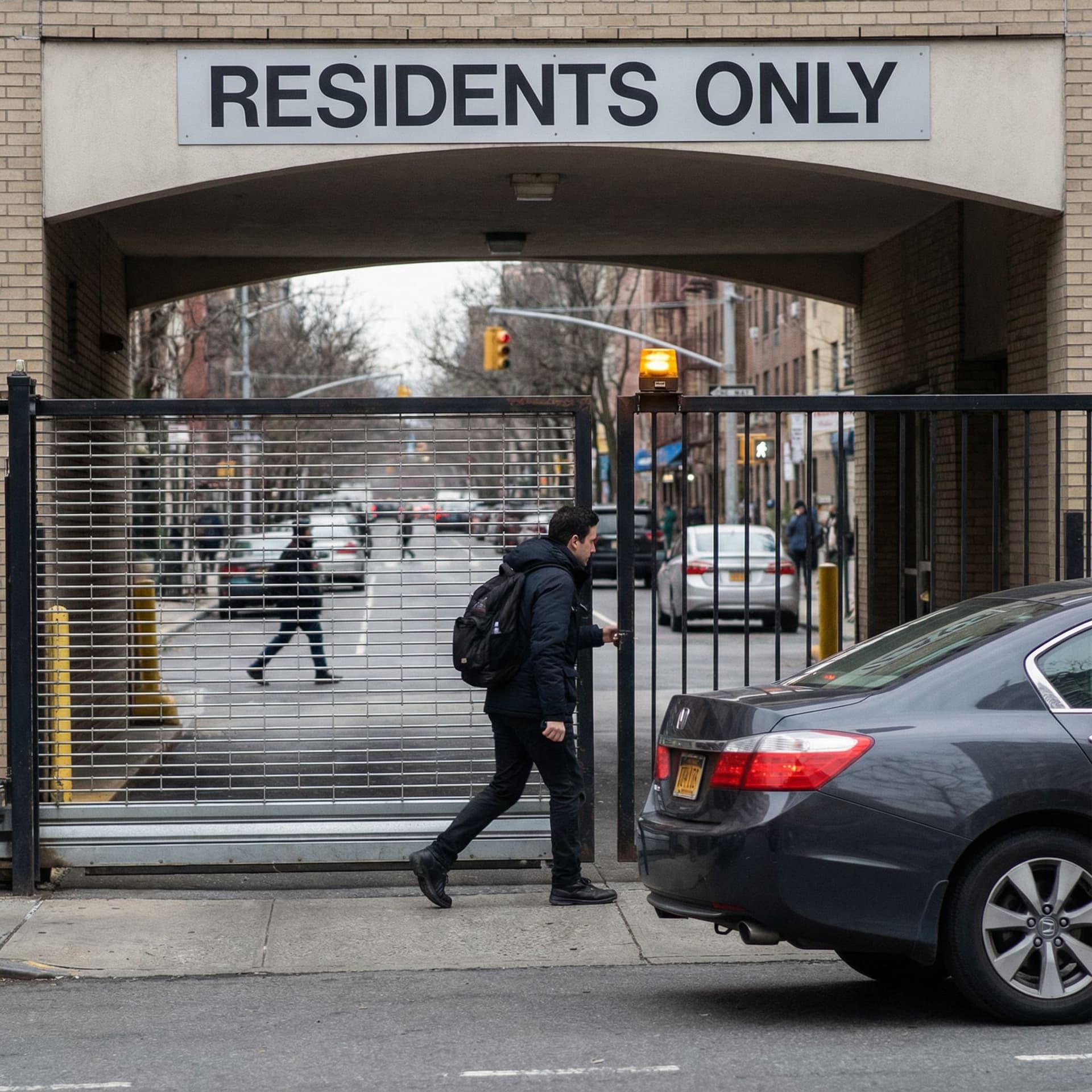 AI generated: create a picture of  A pedestrian entering right after a car through the entrance gate of a building...