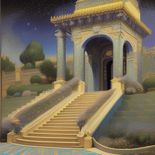 AI generated: Led Zeppelin´s Stairway to heaven", fine detailed pointillism painting + low-angle view, hyper-reali...