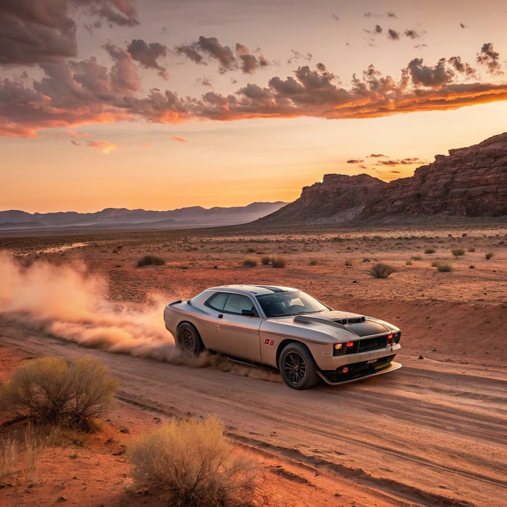 AI generated: dodge challenger racing in a desert at sunset