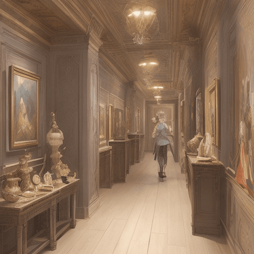 AI generated: commercial fantasy painting in art gallery, in the style of detailed character illustrations, light ...