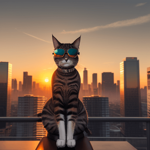 AI generated: Urban skyline at sunset, autumn style,A cat is sitting on a chair, wearing a pair of sunglasses,8k