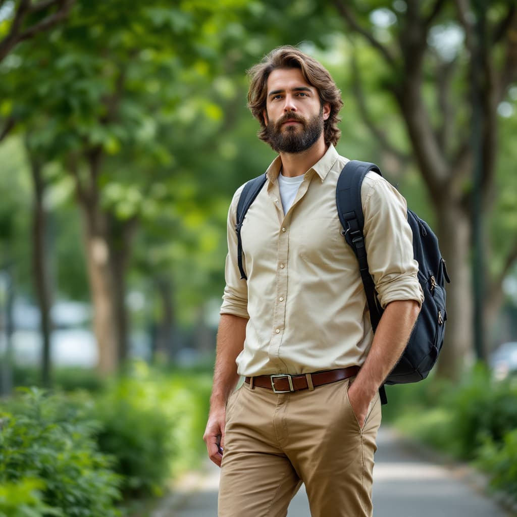 AI generated: A tall man with 6 foot height, medium length hairs and medium long beard. Wearing casual wear for of...