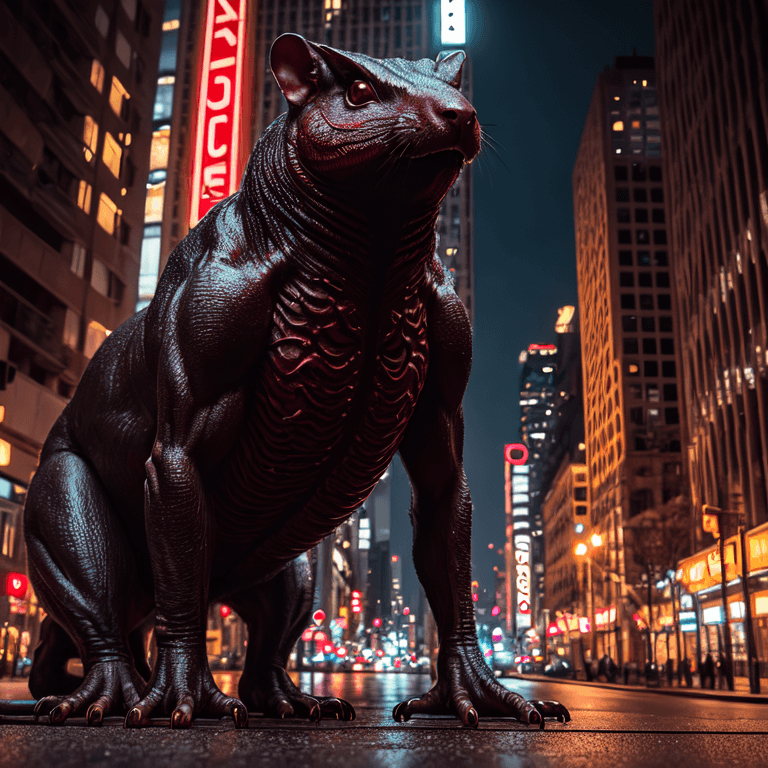 AI generated: canon 5d, haunting alien creature that looks like a monstrous giant shrew with many fangs, reddish e...