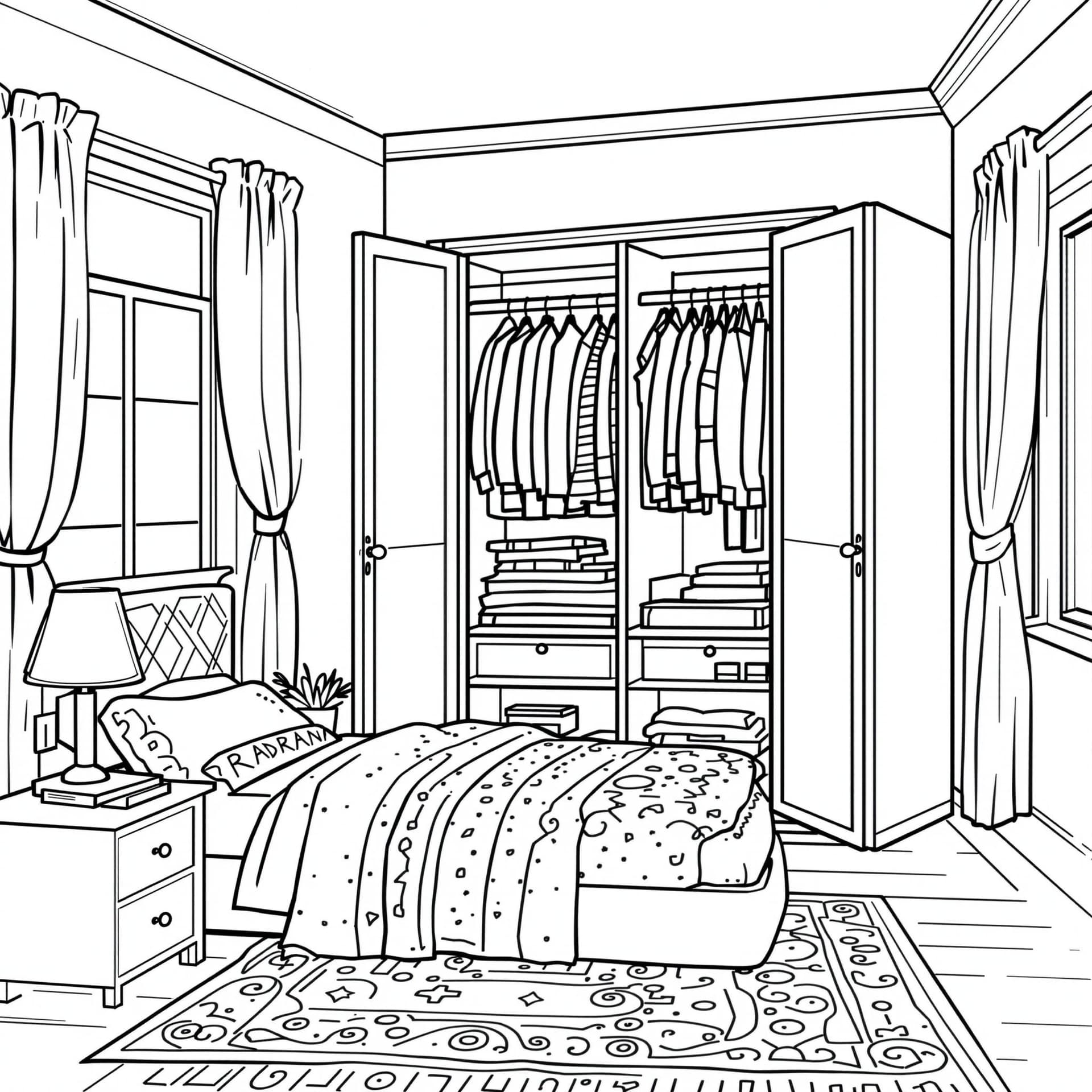 AI generated: Create a high-resolution black-and-white line drawing of a cozy bedroom with a wardrobe. Include det...
