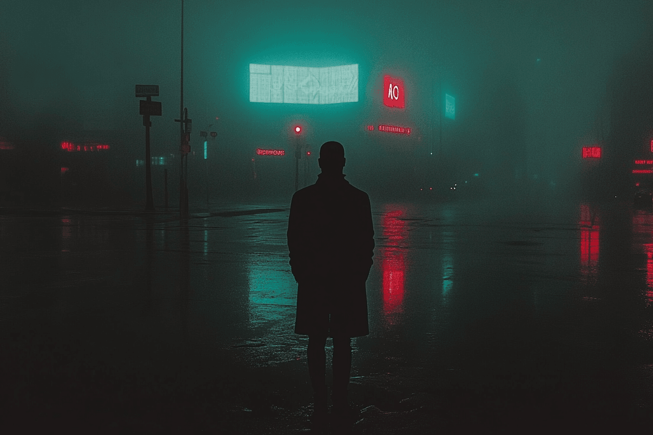 AI generated: cyberpunk city, neon lights reflecting on a wet street, mysterious figure wearing a trench coat and ...
