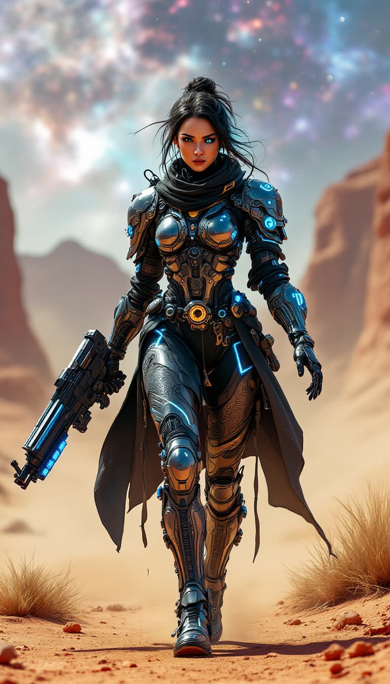 AI generated: A futuristic bounty hunter, adorned in meticulously crafted, chrome armor with glowing, neon blue ac...