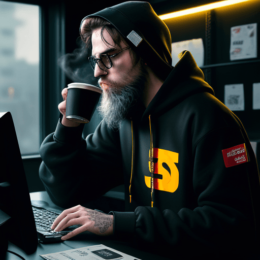 AI generated: hacker, darkroom, coder, computer, man, medium beard, cool, grunge, (typing), ultra detailed detaile...