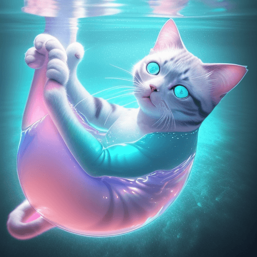 AI generated: a cat floating in a body of water with blue water, in the style of holographic, light pink and light...