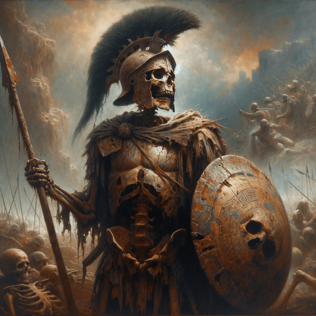AI generated: sublime oil painting of a spartan skeleton warrior. Old, decrepit battle beaten armor. Holding a bro...