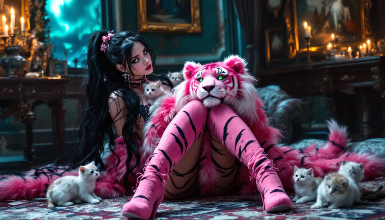 AI generated:  Evergarden, full body open furry costume with feet, girl with kittens and ponytail, tiger eyes, ext...