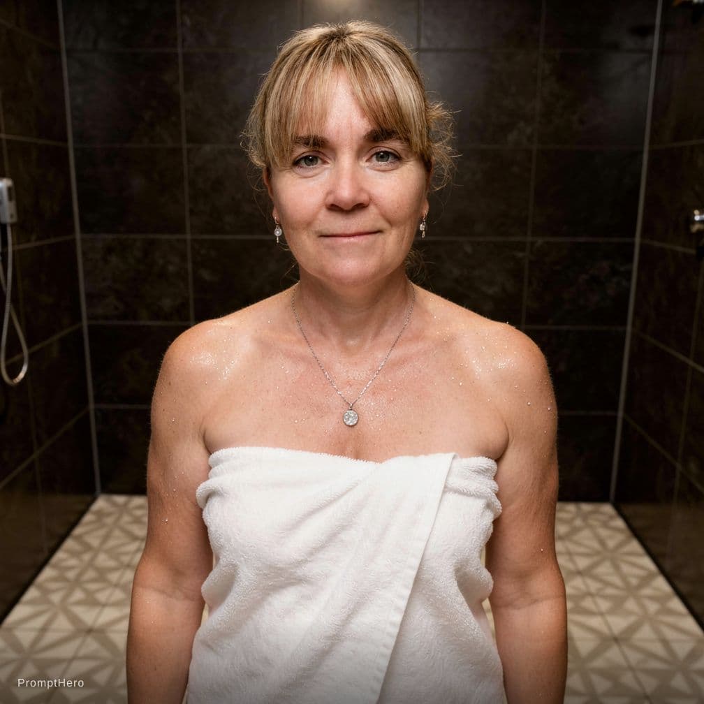 AI generated: The image shows an adult woman in a tiled shower area. She is wet and covered with soap suds across ...